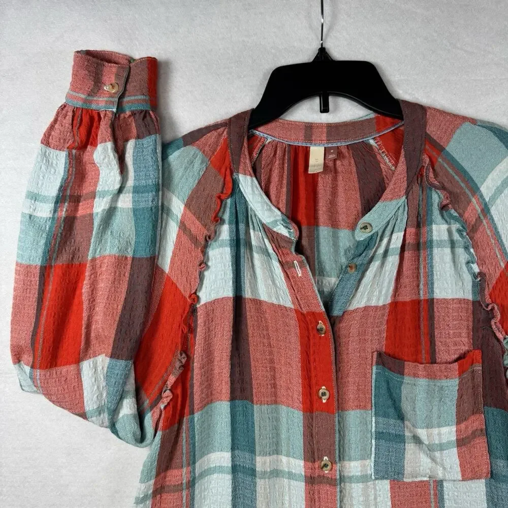 Anthropologie Pilcro Breezy Button down Plaid Blouse Women Medium Red Oversized - Picture 8 of 13